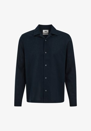 Férfi sötét tengerészkék hosszú ujjú, gombos ing hegyes gallérral, egyszínű elülső résszel és középen látható gombokkal.