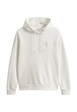 Biela mikina GANT s kapucňou, šnúrkami a jemne vyšitým logom na ľavej strane hrudníka, rebrované manžety a lem, zobrazená na jednoduchom pozadí.