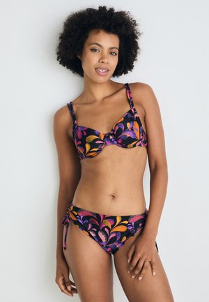 Black bikini with floral patterns in pink, orange, and purple. Bra features a twist design; bottoms have adjustable ties at the sides.