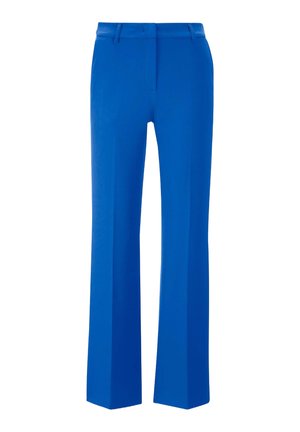 Blauwe broek met een getailleerde pasvorm, platte voorkant en wijde pijpen. Gemaakt van een soepele stof, voorzien van riemlussen en zijzakken.