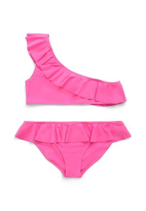 Bikini a due pezzi di un vivace rosa, caratterizzato da un top a spalla singola con dettagli volant e accenti a volant abbinati sui pantaloni a vita alta.