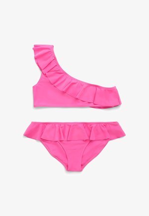 Bikini a due pezzi di un vivace rosa, caratterizzato da un top a spalla singola con dettagli volant e accenti a volant abbinati sui pantaloni a vita alta.