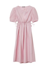 Abito a righe rosa con maniche a sbuffo corte, colletto rotondo e vita regolabile con lacci per una silhouette aderente.