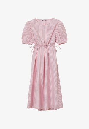 Rosa gestreiftes Kleid mit kurzen Puffärmeln, einem runden Ausschnitt und einer verstellbaren Kordelzugteil für eine figurbetonte Silhouette.