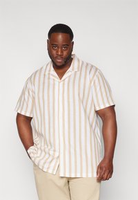 Camicia a maniche corte con bottoni, a righe verticali beige e bianche, realizzata in tessuto leggero, con colletto classico e vestibilità rilassata.