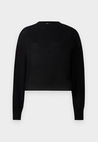 Maglione cropped nero a maniche lunghe con collo rotondo. Realizzato in un materiale leggero con una texture liscia e un design minimale.