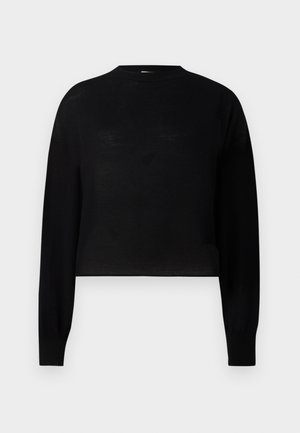 Svart, langermet kortermet genser med rund hals. Laget av et lett materiale med en jevn tekstur og minimal design.