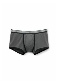 Szare męskie bokserki wykonane z miękkiego materiału, z czarną gumką w pasie z logo „intimissimi” oraz kontrastującym czarnym wykończeniem wzdłuż nogawek.