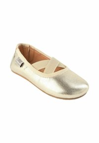 Laste kuldse metallilise viimistlusega baleriinikingad, beežide elastsete ristpaelte ja pehme beežika sisemise voodriga.
