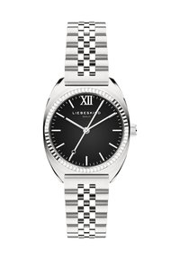 Zilveren roestvrijstalen horloge met een zwarte wijzerplaat, voorzien van Romeins cijfer XII, zilveren wijzers, een gestructureerde bezel en een schakelsband.