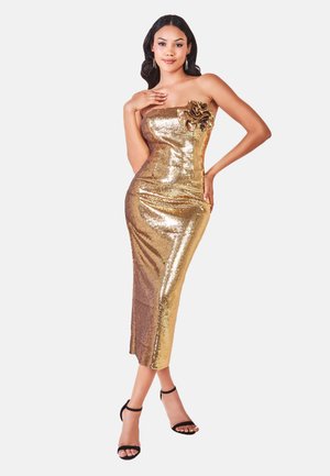 LIQUID SEQUIN BOOBTUBE MIDAXI WITH CORSAGE - Cocktailjurk - gold