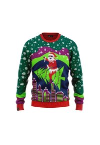 Grüner Feiertagspullover mit rotem Kragen, der Designs von Santa, Weihnachtsbäumen und einer Stadtsilhouette in lila und knalligen grünen Akzenten zeigt.