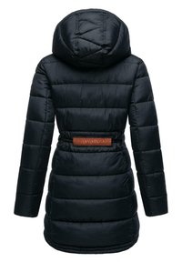 Black puffer jacket with a hood, featuring a quilted design, long sleeves, and a brown leather logo patch on the back.