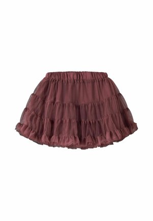 Gelaagde doorschijnende mauve tule rok met elastische tailleband en gerimpelde zoom, ontworpen voor een kind.