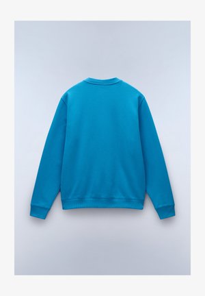 Bright blue sweatshirt with long sleeves, a crew neckline, and ribbed cuffs and hem. Made from soft, textured fabric. No visible graphics.