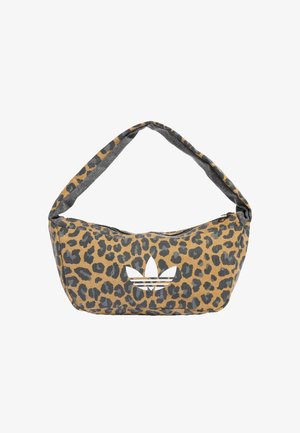 Taška cez rameno so vzorom leopardích škvŕn na šedom základe a pieskovými škvrnami. Obsahuje biele logo a zips na uzatvorenie. Textília má jemnú štruktúru.