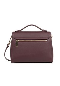 Borsa a tracolla in pelle viola scuro con manico superiore, tracolla staccabile e tasca frontale orizzontale con cerniera dorata.