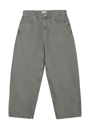 Grijze wijde denim jeans met een hoge taille, vijf zakken, een knoopsluiting aan de voorkant en een subtiele vervaagde afwerking.