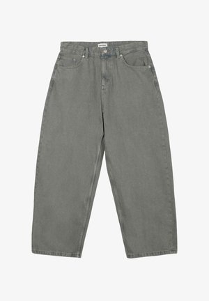 Grijze wijde denim jeans met een hoge taille, vijf zakken, een knoopsluiting aan de voorkant en een subtiele vervaagde afwerking.