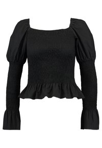 Svart smockad topp med fyrkantig halsringning, puffärmar och en peplumkant. Mjuk textur och långa ärmar med volangkant.