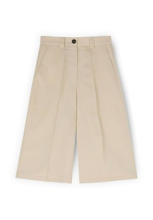 Pantalones beige de pierna ancha y corte cropped con pliegues delanteros, bolsillos laterales, trabillas para cinturón y cierre de botón negro en la cintura.