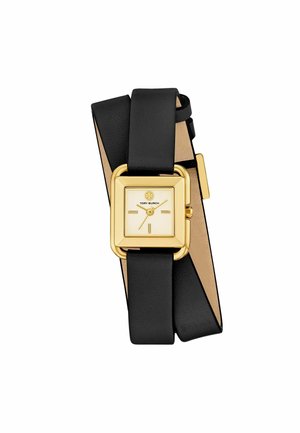 Reloj cuadrado con caja metálica en tono dorado y esfera color crema. Presenta una correa de cuero negra y una capa interna dorada, ofreciendo un diseño bicolor.