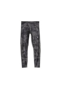 Legginsy Puma w czarno-szarym wzorze tie-dye. Wykonane z elastycznego materiału, z płaskimi szwami i akcentem logo na lewym biodrze.