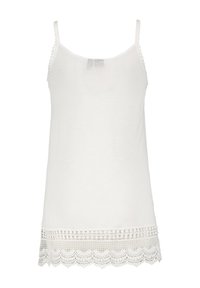 Weißes Tanktop mit dünnen Trägern, mit einem Spitzenrand am unteren Ende. Aus leichtem Stoff, mit glatter Textur und einem schlichten Design gefertigt.