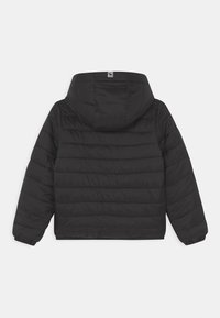 Sort dunjakke med hætte, med quiltet design, elastiske manchetter og en lige kant. Fremstillet af letvægts, vandafvisende materiale.