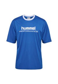 Blå kortärmad sport T-shirt gjord av slät tyg, med vertikal ribbad textur och vit "hummel PERFORMANCE" logotyp på framsidan.