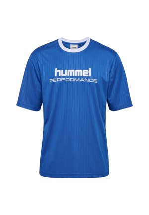 Blauwe sport T-shirt met korte mouwen, gemaakt van gladde stof, met verticale ribbelstructuur en het witte "hummel PERFORMANCE" logo op de voorkant.