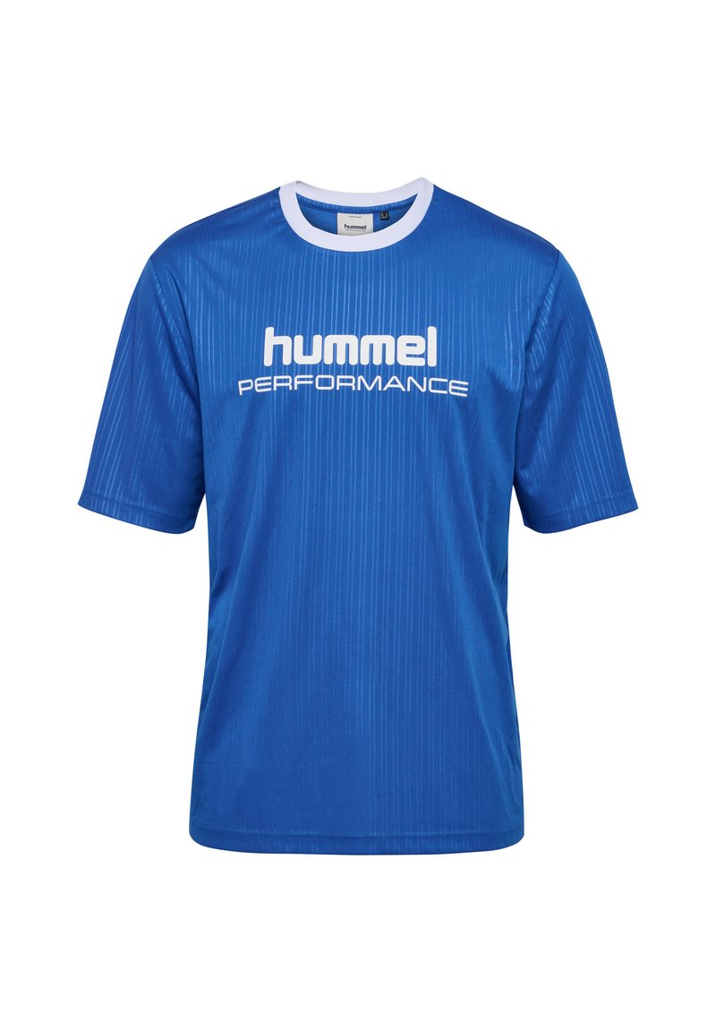 Blå kortärmad sport T-shirt gjord av slät tyg, med vertikal ribbad textur och vit "hummel PERFORMANCE" logotyp på framsidan.