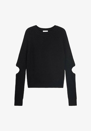 Maglione nero lavorato a maglia con scollo a girocollo, maniche lunghe con dettagli a taglio sulle spalle e un fit cropped.