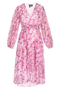 Roze bloemen wikkeljurk met lange mouwen, v-hals, strik taille, gelaagde rok en een zachte, vloeiende stof met een lichte, luchtige textuur.
