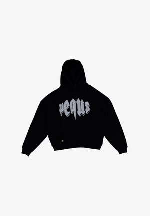 Black cropped hoodie with a large, stylized silver logo on the front, featuring a kangaroo pocket and a drawstring hood.