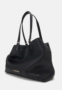 Black woven leather handbag with two shoulder straps, featuring a slouchy design and a gold logo accent on the front.