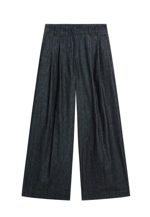 Pantaloni a gamba larga in denim scuro con una consistenza liscia, caratterizzati da pieghe frontali e un design classico della vita.