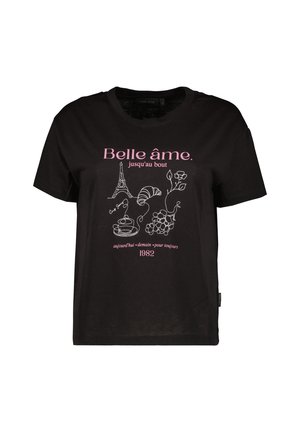 Zwart T-shirt met korte mouwen met een gedrukt ontwerp in het wit en roze, dat items afbeeldt zoals de Eiffeltoren en eten.
