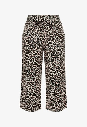 Bukser med vide ben i beige, sort og pink leopardprint med et stoffelt bundet som sløjfe i taljen.