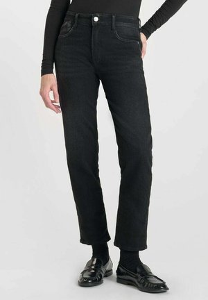 Jeans in denim neri con taglio dritto, design a cinque tasche e hardware silver. Presentano una leggera lucentezza e dettagli di cucitura classici.