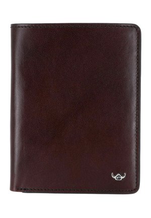 Portefeuille en cuir marron foncé avec une texture lisse et des coutures visibles, doté d’un petit logo argenté en forme de tête de taureau en bas à droite.