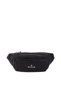 Borsa a cintura in tessuto nero con più scomparti con cerniera, texture morbida e dettagli del logo sulla parte anteriore. Design compatto e funzionale.