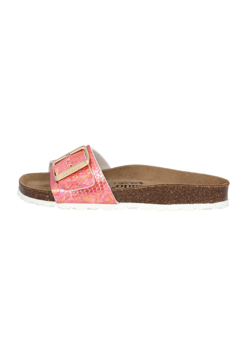 Pink patterned slide sandal with a comfortable cork footbed, white sole, and a metallic buckle accent. Smooth texture on the upper strap.