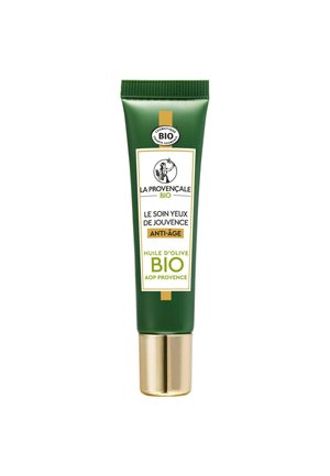 Tube verte avec un fond doré et une étiquette blanche. Le texte met en avant les fonctionnalités "Anti-Âge" et "Bio". Contient de l'huile d'olive. Forme cylindrique et élancée.