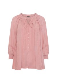 Blusa rosa chiaro con maniche lunghe e svasate. Caratterizzata da chiusura a bottoni, colletto con fiocco e design plissettato. Accentuata da dettagli in pizzo.
