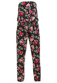 Blommig jumpsuit med axelbandslös design, svart tyg och livfulla röda och rosa blommönster, med en avslappnad passform och sidofickor.