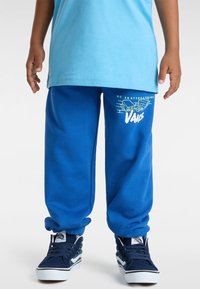Blauwe joggingbroek met elastische boorden en grafische print met "Geen Skateboarden" en "Vans" in wit en lichtblauw. Draagt het met marineblauwe sneakers.