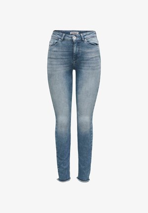 Helle blaue Skinny-Jeans mit ausgewaschenem Effekt, mit Knopf und Reißverschluss vorne, fünf Taschen und fransigen Säumen an den Knöcheln.