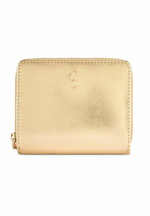 Kompaktowy portfel zapinany na zamek, wykonany ze złotej skóry, z małym metalowym logo w kształcie ptaka na przodzie i starannym przeszyciem wzdłuż krawędzi.