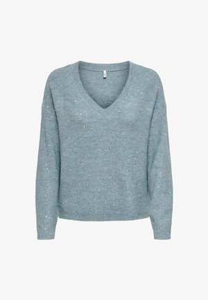 Hellblauer, gestrickter Pullover mit V-Ausschnitt und dezenten silbernen Paillettenverzierungen an den Ärmeln und am Oberteil.